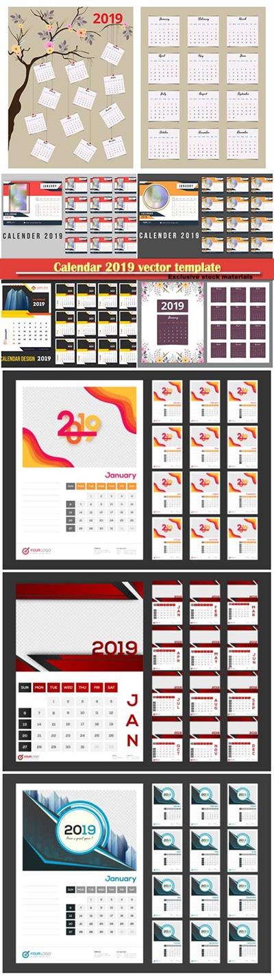 Calendar 2019 vector template, 12 months included # 9